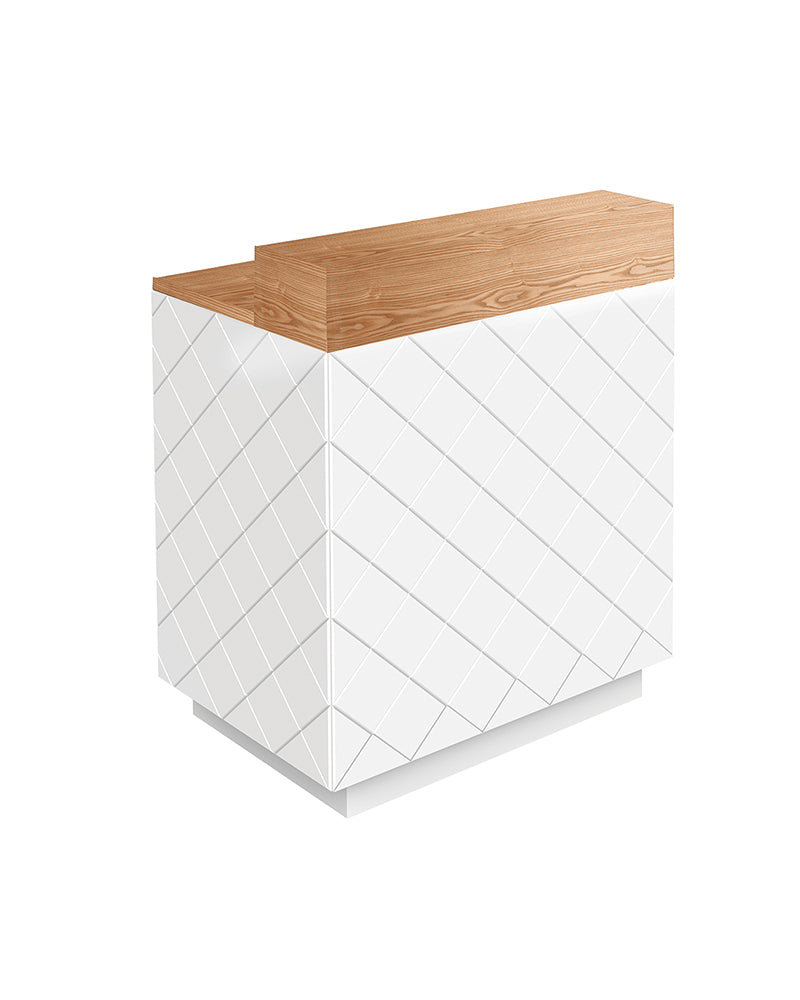 Willow - Hvid receptionsdisk med top i asketræ - rummelige skabe