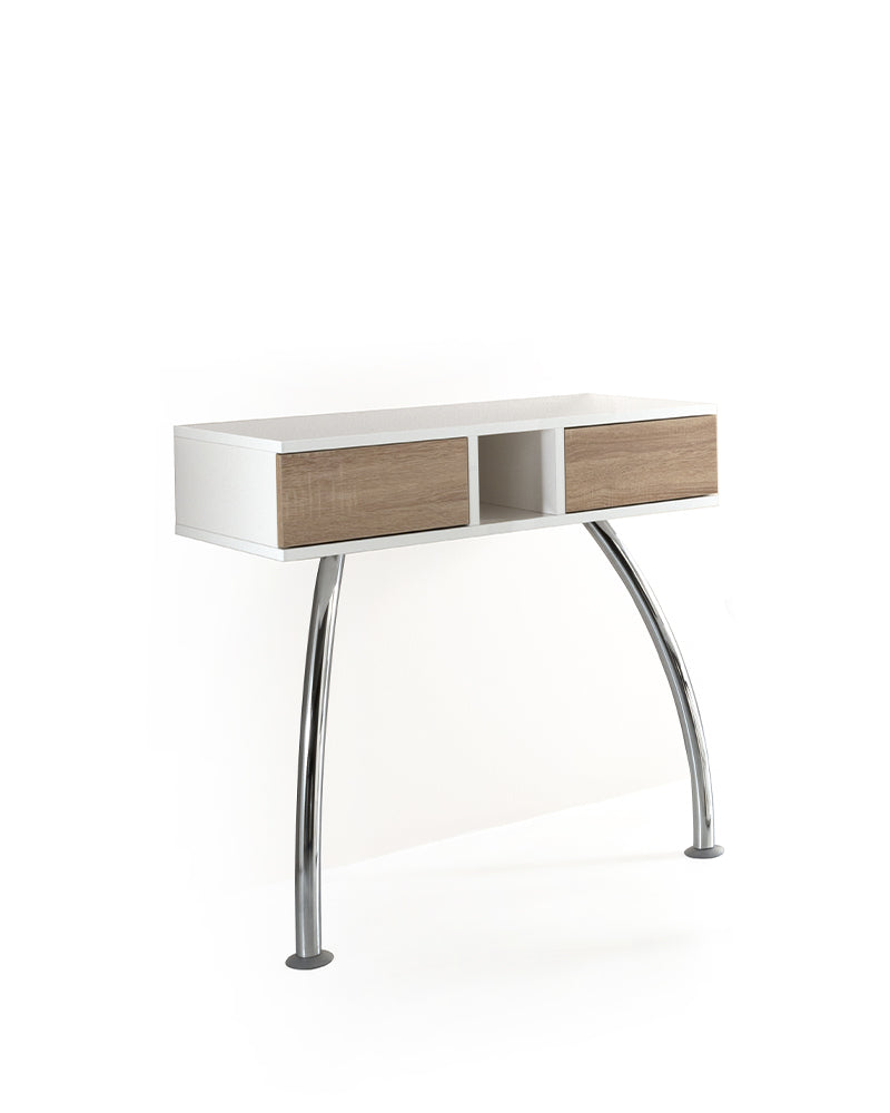 Make-up - Hvid vægbetjening med skuffer i egetræsmønster - Krom ben