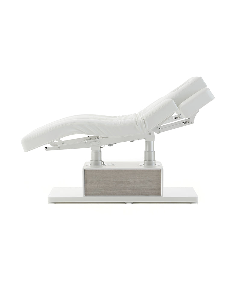 The Clair - Hvid massagebriks med detaljer i gråt egetræsmønster - med motor - med justerbare armlæn