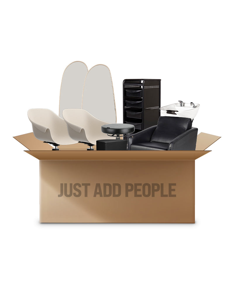 Beige frisør startpakke med 2 kundepladser, 1 vaskeplads og udstyr