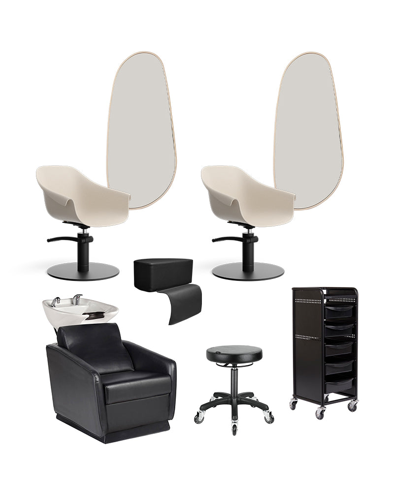 Beige frisør startpakke med 2 kundepladser, 1 vaskeplads og udstyr