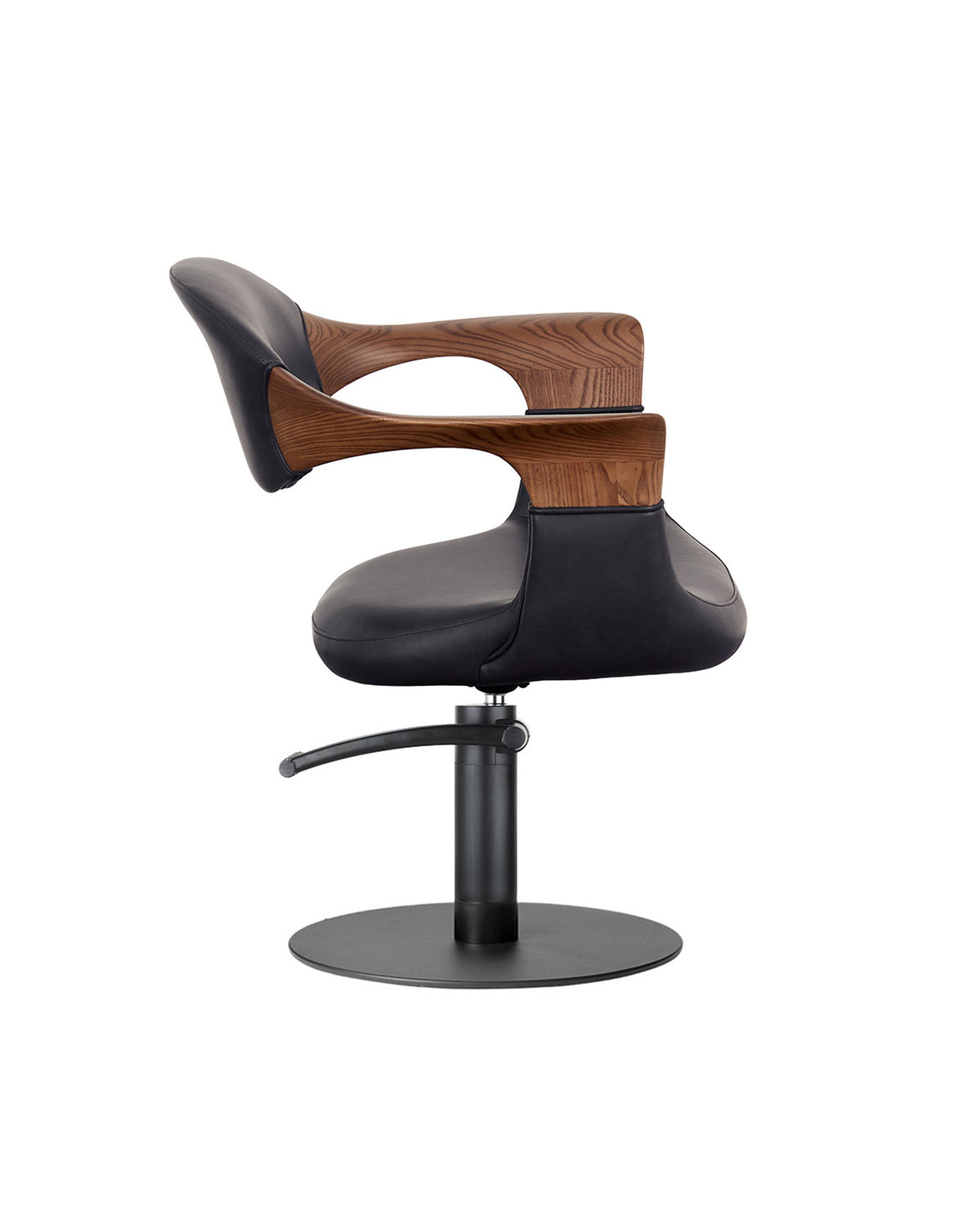 Oakley Midnight - Gray styling chair with black round base and oak armrests