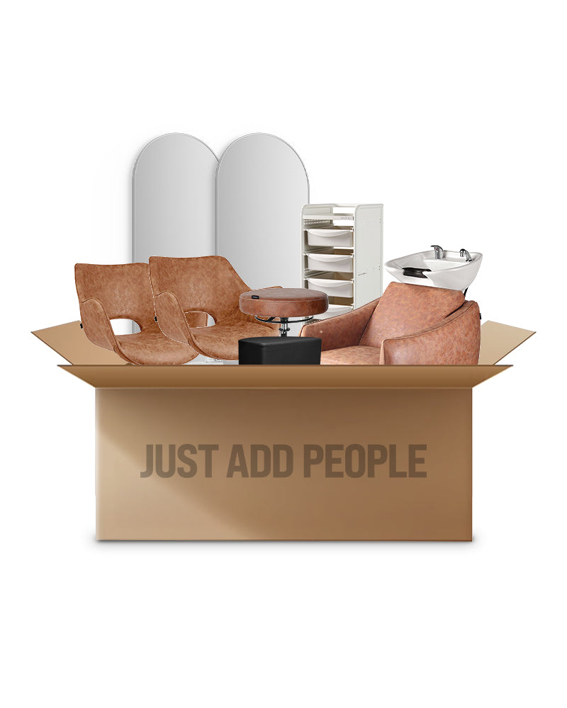 Tan hvid frisør startpakke med 2 kundepladser, 1 vaskeplads og udstyr